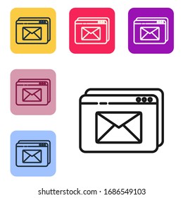Black line Website and envelope, new message, mail icon isolated on white background. Usage for e-mail newsletters, headers, blog posts. Set icons in color square buttons. Vector Illustration