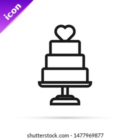 Black line Wedding cake with heart icon isolated on white background.  Vector Illustration