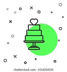 Black line Wedding cake with heart icon isolated on white background.  Vector Illustration