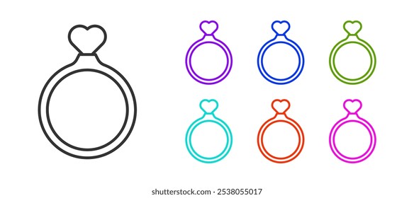 Black line Wedding rings icon isolated on white background. Bride and groom jewelry sign. Marriage symbol. Diamond ring. Set icons colorful. Vector