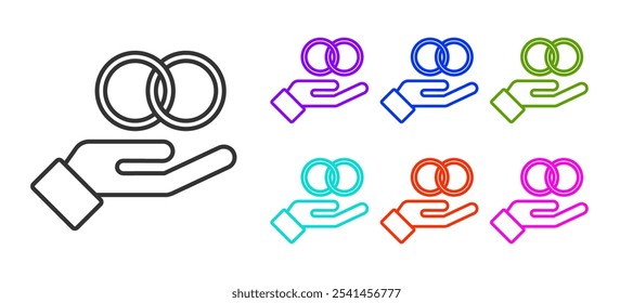 Black line Wedding rings icon isolated on white background. Bride and groom jewelry sign. Marriage symbol. Diamond ring. Set icons colorful. Vector