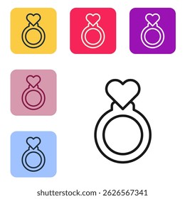 Black line Wedding rings icon isolated on white background. Bride and groom jewelry sign. Marriage symbol. Diamond ring. Set icons in color square buttons. Vector