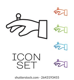 Black line Wedding rings on hand icon isolated on white background. Bride and groom jewelry sign. Marriage symbol. Diamond ring. Set icons colorful. Vector