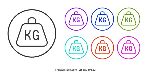 Línea negra Icono de peso aislado sobre fondo blanco. Bloque de peso de kilogramo para levantamiento de pesas y báscula. Símbolo de masa. Establecer iconos coloridos. Vector