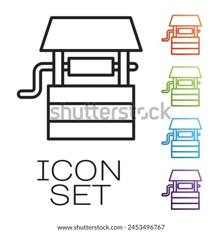 Black line Well with a bucket and drinking water icon isolated on white background. Set icons colorful. Vector