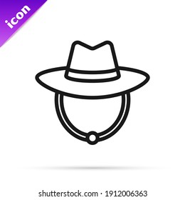 Black line Western cowboy hat icon isolated on white background.  Vector