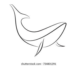 Black line whale on white background. Hand drawing vector graphic animal.