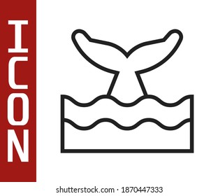 Black line Whale tail in ocean wave icon isolated on white background.  Vector