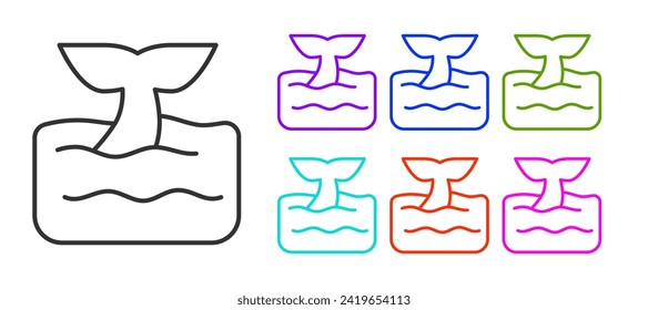 Black line Whale tail in ocean wave icon isolated on white background. Set icons colorful. Vector