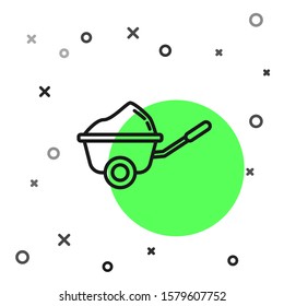Black line Wheelbarrow with dirt icon isolated on white background. Tool equipment. Agriculture cart wheel farm.  Vector Illustration