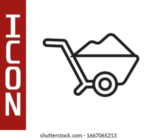 Black line Wheelbarrow with dirt icon isolated on white background. Tool equipment. Agriculture cart wheel farm.  Vector Illustration