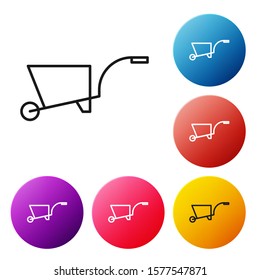 Black line Wheelbarrow icon isolated on white background. Tool equipment. Agriculture cart wheel farm. Set icons colorful circle buttons. Vector Illustration