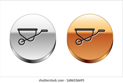 Black line Wheelbarrow icon isolated on white background. Tool equipment. Agriculture cart wheel farm. Silver-gold circle button. Vector Illustration