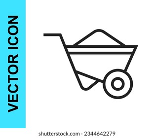Black line Wheelbarrow icon isolated on white background. Tool equipment. Agriculture cart wheel farm.  Vector