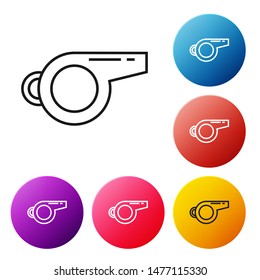 Black line Whistle icon isolated on white background. Referee symbol. Fitness and sport sign. Set icons colorful circle buttons. Vector Illustration