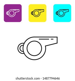 Black line Whistle icon isolated on white background. Referee symbol. Fitness and sport sign. Set icons colorful square buttons. Vector Illustration