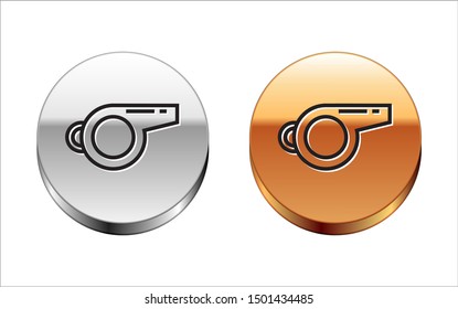 Black line Whistle icon isolated on white background. Referee symbol. Fitness and sport sign. Silver-gold circle button. Vector Illustration
