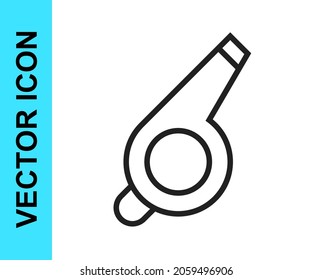 Black line Whistle icon isolated on white background. Referee symbol. Fitness and sport sign.  Vector