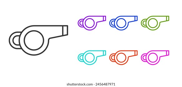 Black line Whistle icon isolated on white background. Referee symbol. Fitness and sport sign. Set icons colorful. Vector