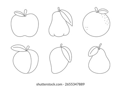 línea negra conjunto de Ilustración vectorial de Clipart blanco y negro de manzana, manzana rosa, naranja, melocotón, mango, pera sobre fondo blanco