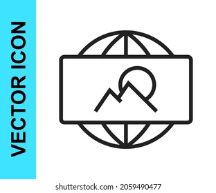 Icono de imagen de gran angular de línea negra aislado en fondo blanco. Vista panorámica.  Vector