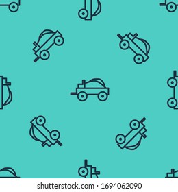 Black line Wild west covered wagon icon isolated seamless pattern on green background.  Vector Illustration