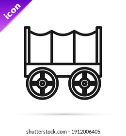 Black Line Wild West Covered Wagon Icon Isolated On White Background.  Vector