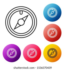 Black line Wind rose icon isolated on white background. Compass icon for travel. Navigation design. Set icons colorful circle buttons. Vector Illustration