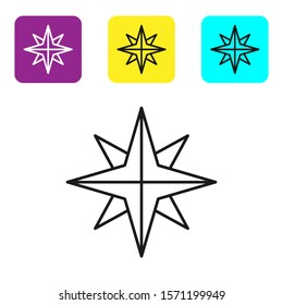 Black line Wind rose icon isolated on white background. Compass icon for travel. Navigation design. Set icons colorful square buttons. Vector Illustration