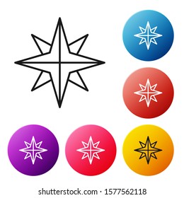 Black line Wind rose icon isolated on white background. Compass icon for travel. Navigation design. Set icons colorful circle buttons. Vector Illustration