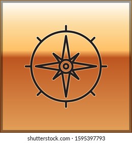 Black line Wind rose icon isolated on gold background. Compass icon for travel. Navigation design.  Vector Illustration
