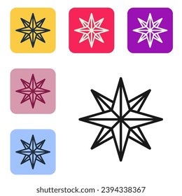 Black line Wind rose icon isolated on white background. Compass icon for travel. Navigation design. Set icons in color square buttons. Vector