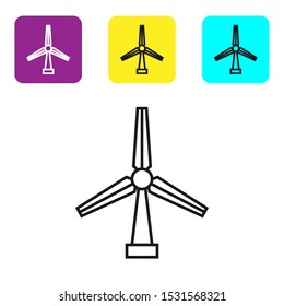 Black line Wind turbine icon isolated on white background. Wind generator sign. Windmill silhouette. Windmill for electric power production. Set icons colorful square buttons. Vector Illustration