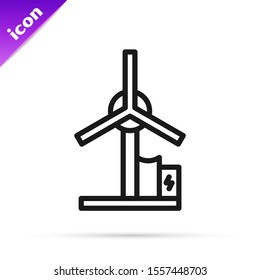 Black line Wind turbine icon isolated on white background. Wind generator sign. Windmill for electric power production.  Vector Illustration
