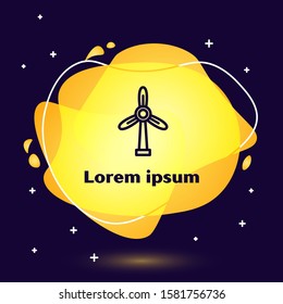 Black line Wind turbine icon isolated on blue background. Wind generator sign. Windmill for electric power production. Abstract banner with liquid shapes. Vector Illustration
