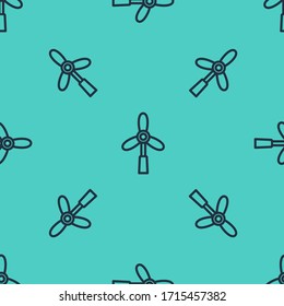 Black line Wind turbine icon isolated seamless pattern on green background. Wind generator sign. Windmill for electric power production.  Vector Illustration