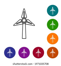 Black line Wind turbine icon isolated on white background. Wind generator sign. Windmill for electric power production. Set icons in color circle buttons. Vector