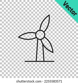 Black line Wind turbine icon isolated on transparent background. Wind generator sign. Windmill for electric power production.  Vector