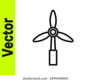 Black line Wind turbine icon isolated on white background. Wind generator sign. Windmill for electric power production.  Vector