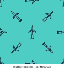 Black line Wind turbine icon isolated seamless pattern on green background. Wind generator sign. Windmill for electric power production.  Vector
