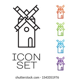 Black line Windmill icon isolated on white background. Set icons colorful. Vector Illustration