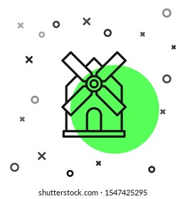 Black line Windmill icon isolated on white background.  Vector Illustration