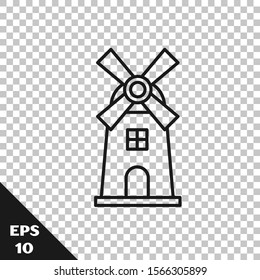 Black line Windmill icon isolated on transparent background.  Vector Illustration