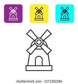 Black line Windmill icon isolated on white background. Set icons colorful square buttons. Vector Illustration