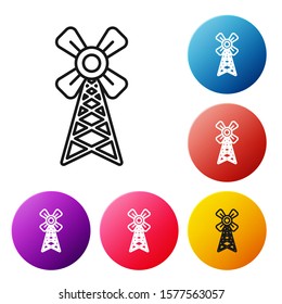 Black line Windmill icon isolated on white background. Set icons colorful circle buttons. Vector Illustration
