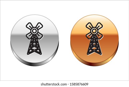 Black line Windmill icon isolated on white background. Silver-gold circle button. Vector Illustration