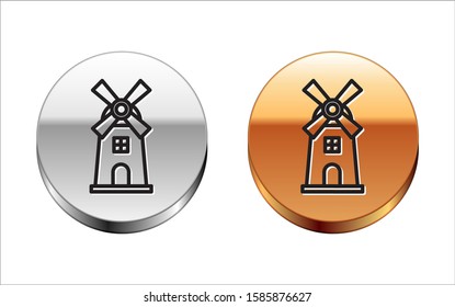 Black line Windmill icon isolated on white background. Silver-gold circle button. Vector Illustration