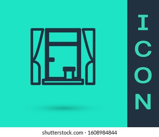 Black line Window with curtains in the room icon isolated on green background.  Vector Illustration