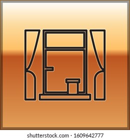 Black line Window with curtains in the room icon isolated on gold background.  Vector Illustration