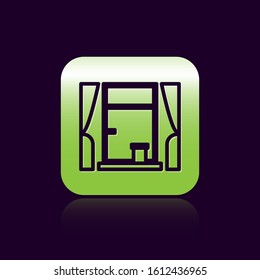 Black line Window with curtains in the room icon isolated on black background. Green square button. Vector Illustration